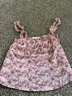 Lush Pink Floral Ruffle Strap Tank Top